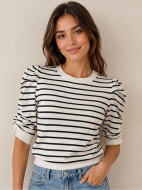 DKNY STRIPED PUFF SLEEVE KNIT TOP -XS